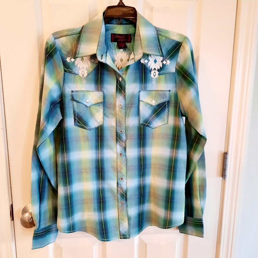 Cowgirl Legend Cotton/Poly Plaid Embroidered Western Shirt, Size M